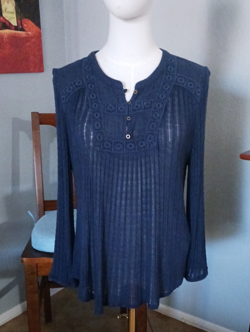 Lucky Brand Navy Long Sleeve Crochet Yoke Henley